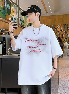 26591新款2026印花港风朱地棉短T男潮牌潮流宽松百搭半截袖上衣休