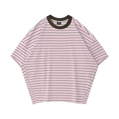 RH5089#（300克色织条纹）潮牌宽松重磅条纹落肩蝙蝠衫短袖T恤