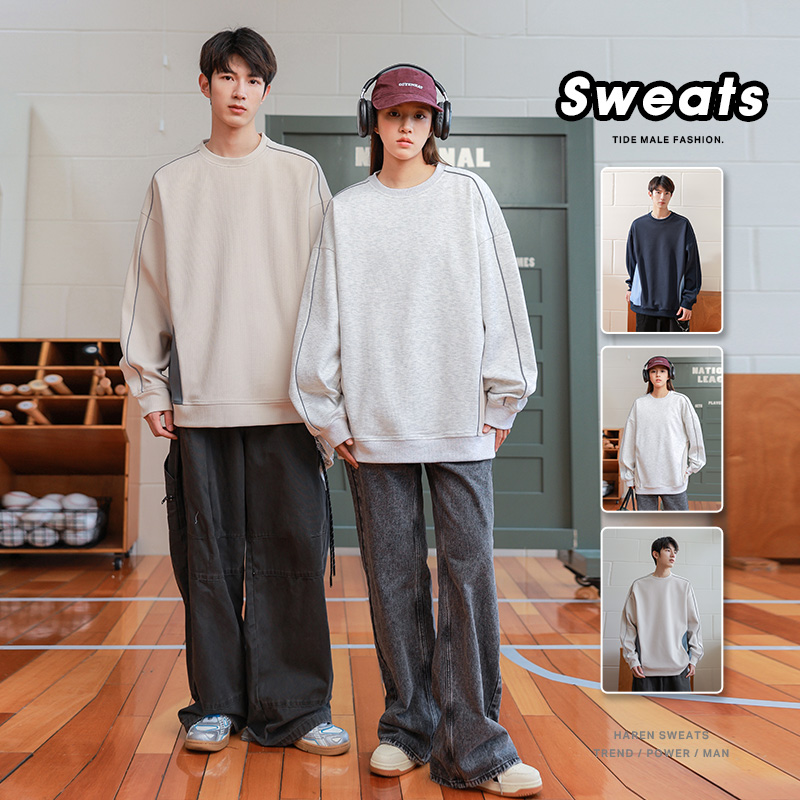 明辑线结构分割卫衣男款春秋季cleanfit拼接上衣圆领套头外套