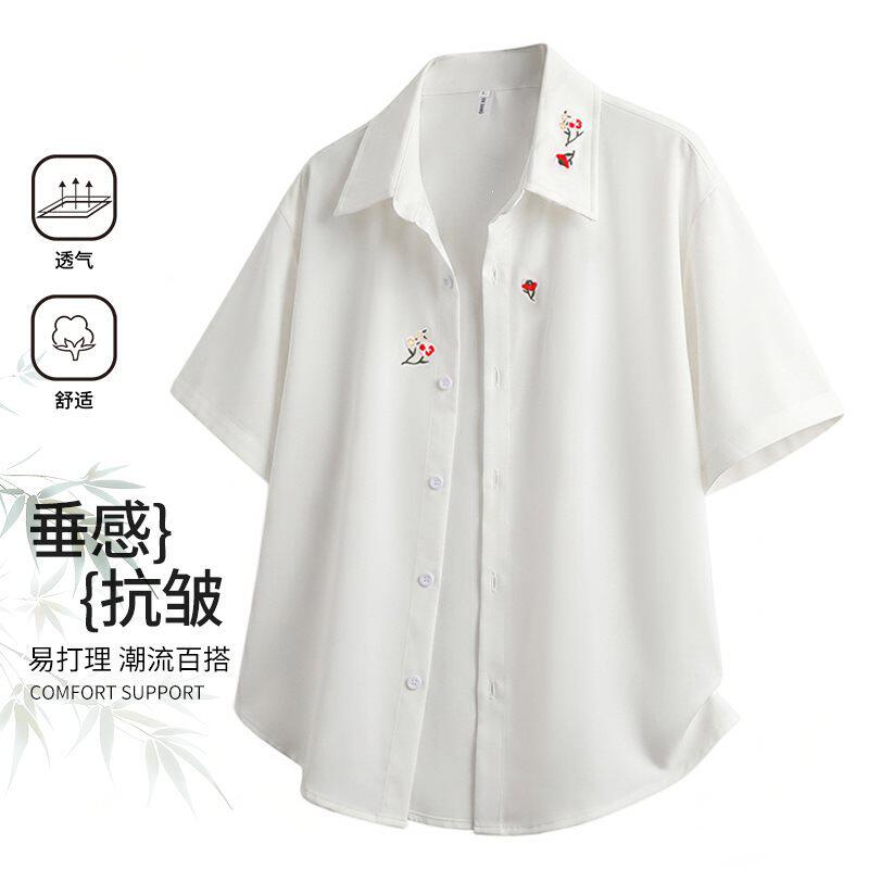 白色花卉刺绣polo衫短袖男夏季高级感轻奢潮牌t恤翻式半截袖衬衫
