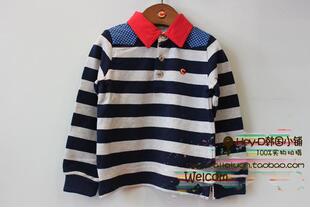 韩版潮牌cc童装儿童春秋条纹长袖T恤男女童红色翻领打底衫polo衫