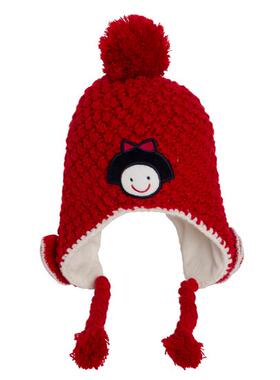 幼小童秋冬新帽子女童红色花朵球球护耳帽套头帽宝宝加绒毛线帽子