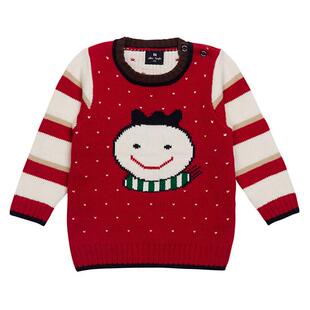 幼小童韩版童装 儿童春秋娃娃头像线衣 男童红白条纹袖圆领毛衣