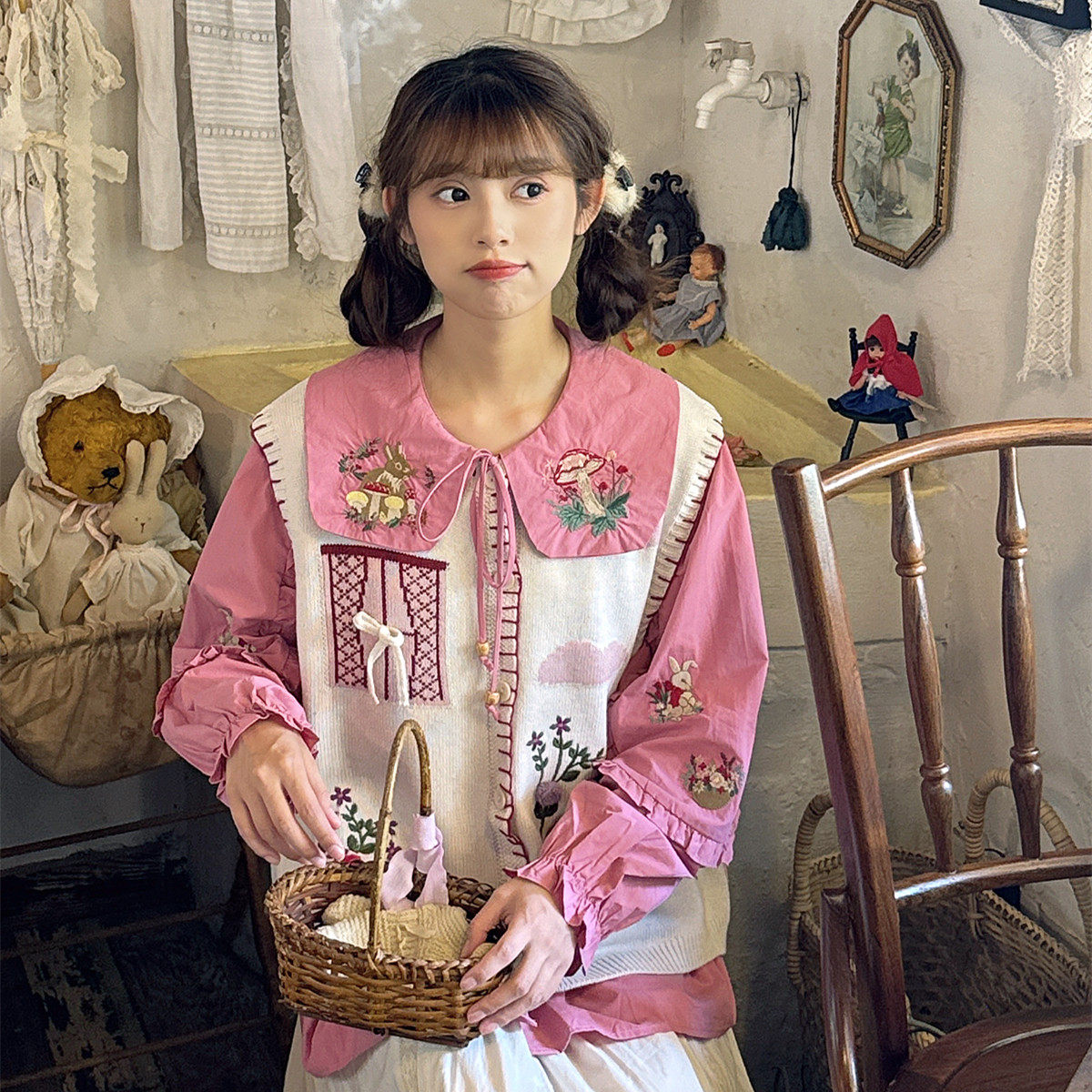 森系甜美少女立体蝴蝶结花朵绣花针织毛衣开衫背心马甲减龄外套