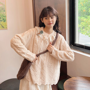 森系复古花纹编织少女蕾丝花边开衫 毛衣甜美镂空针织减龄毛线外套