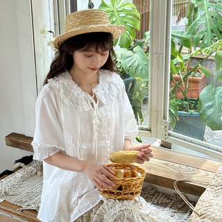 森系温柔双层蕾丝娃娃领苎麻衬衫复古少女减龄娃娃衫打底甜美上衣
