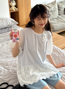 夏季清新水心蓝色条纹蕾丝拼接绑带短袖衬衫少女娃娃衫甜美上衣