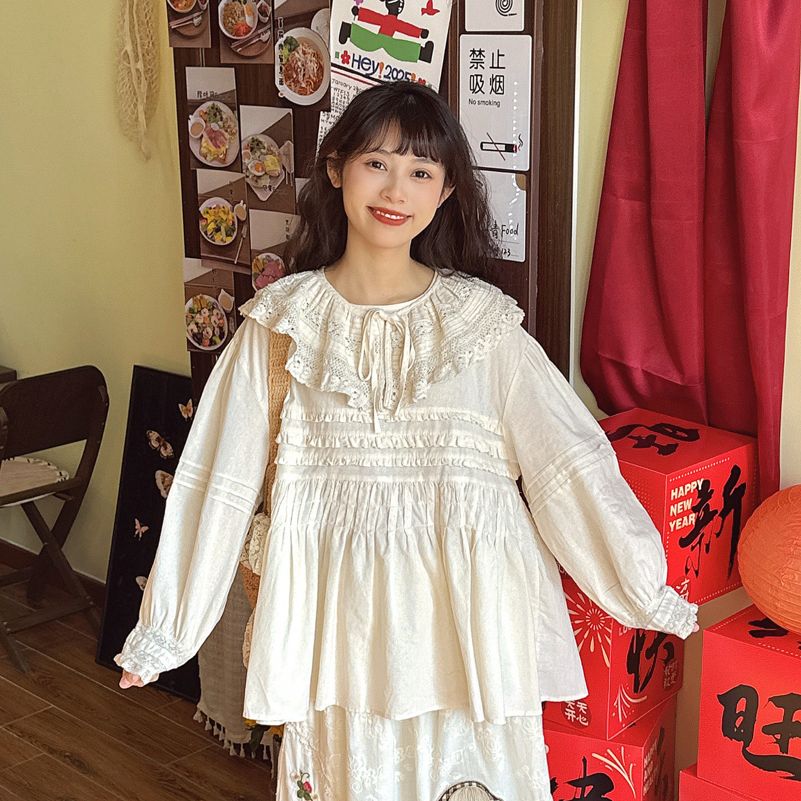 森系复古可脱卸蕾丝荷叶娃领棉麻衬衫少女灯笼袖宽松减龄娃娃衫