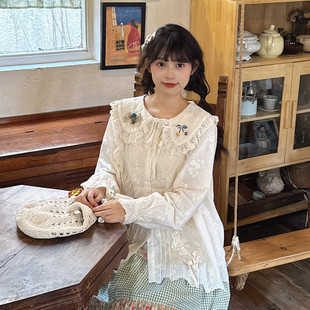 复古立体花朵田园少女减龄上衣 森系甜美蕾丝花边系带娃娃领衬衫