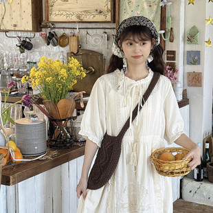 日系少女木耳边小立领灯笼袖连衣裙森系蕾丝花边蛋糕裙显瘦长裙子
