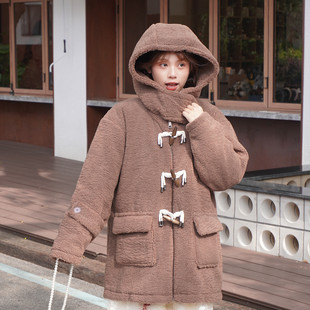冬季 少女加厚羊羔毛连帽大衣外套复古牛角扣咖啡色保暖棉衣棉服
