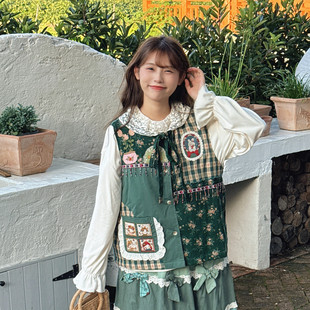 森系复古绿色田园风小兔子碎花拼接外套冬季夹棉叠穿外搭马甲背心