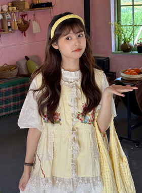 甜美少女感奶黄色田园风绣花外套复古绑带蝴蝶结马甲背心减龄外套