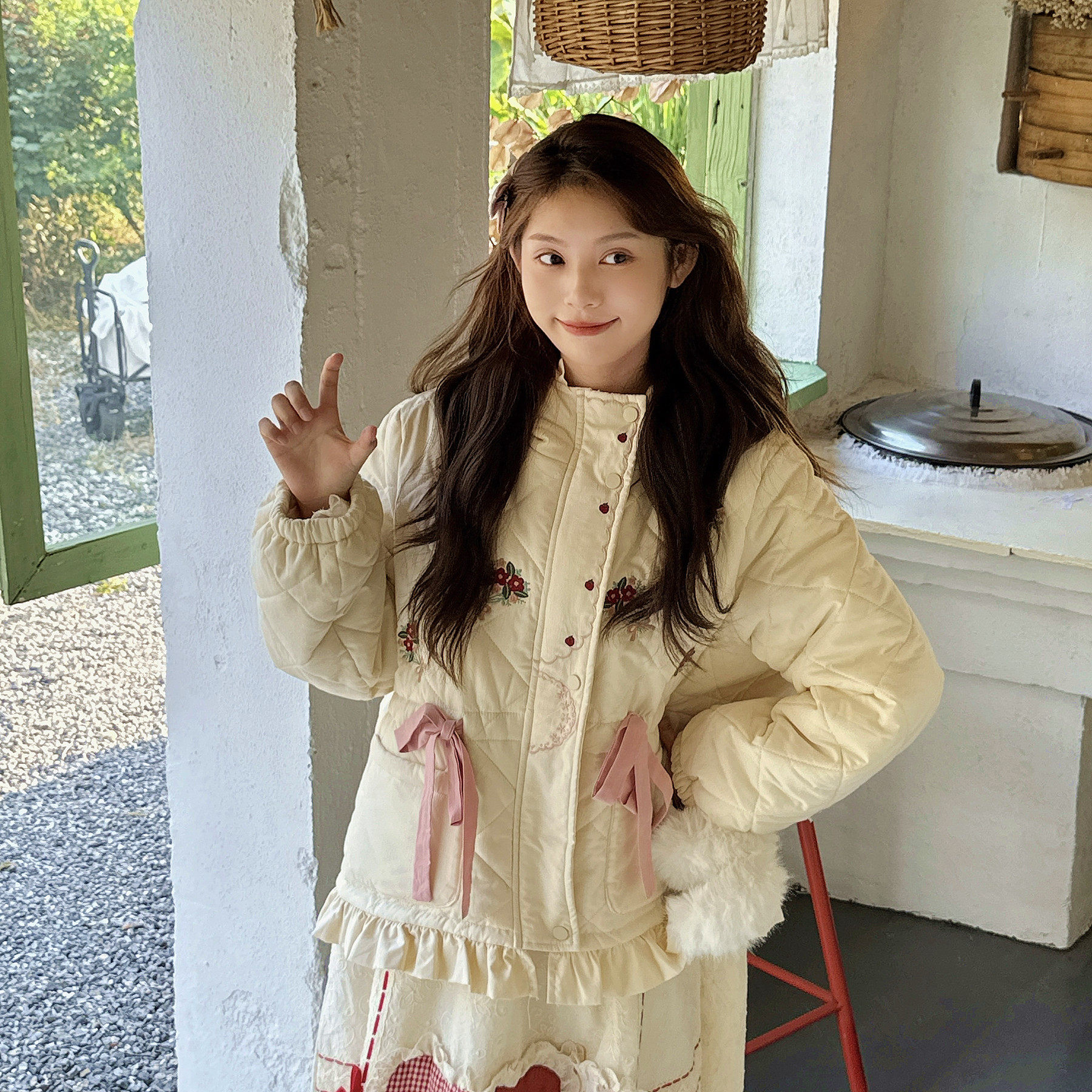 蝴蝶结加厚外套复古棉衣棉服
