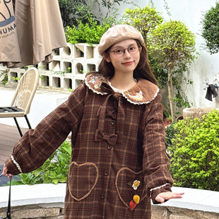 秋冬森系复古感格子羊羔毛娃娃领毛呢外套少女蝴蝶结中长款 呢大衣