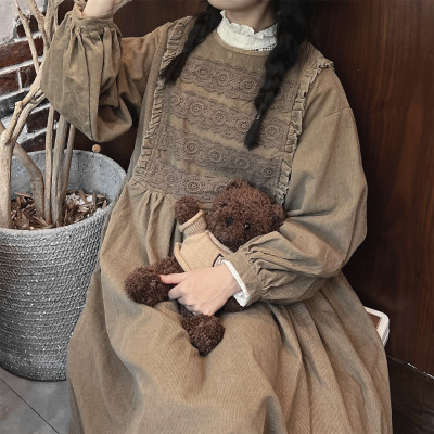 复古长裙灯芯绒蕾丝秋冬连衣裙