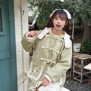 冬季甜美少女清新绿色毛呢外套加厚夹棉森系口袋刺绣连帽呢子大衣