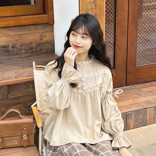 甜美上衣 森系少女温柔蝴蝶结长袖 衬衫 复古灯芯绒减龄娃娃衫 灯笼袖