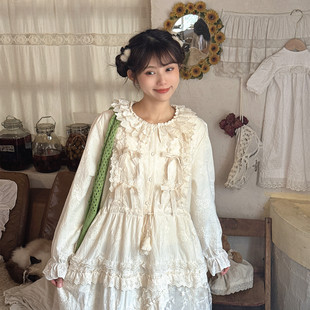 森系复古宫廷风双层蕾丝花边领蝴蝶结连衣裙中长款收腰仙女裙长裙