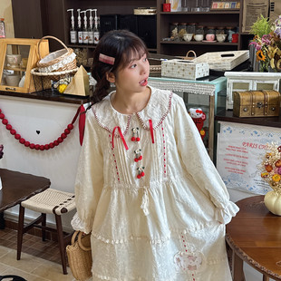 复古森系少女红色樱桃娃娃领连衣裙中长款收腰显瘦娃娃裙蕾丝长裙