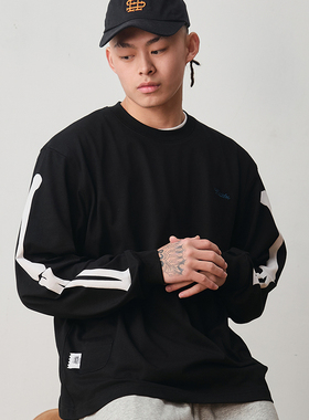 Battles 美式复古骷髅印花重磅纯棉300g长袖T恤休闲宽松