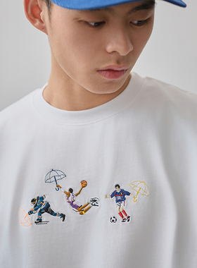 Battles 体育人物刺绣长袖T恤纯棉宽松休闲美式复古基础圆领