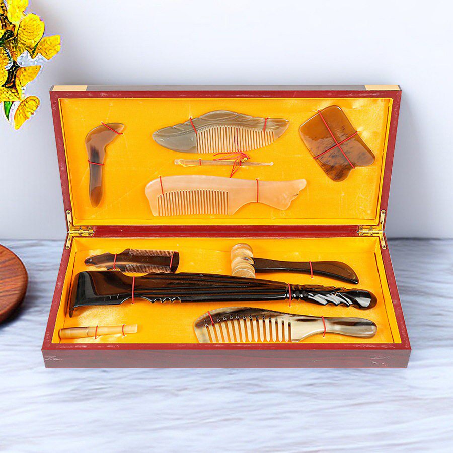 牛角梳十件套批发送礼盒装刮痧板按摩不求人痒痒挠经络按摩套装