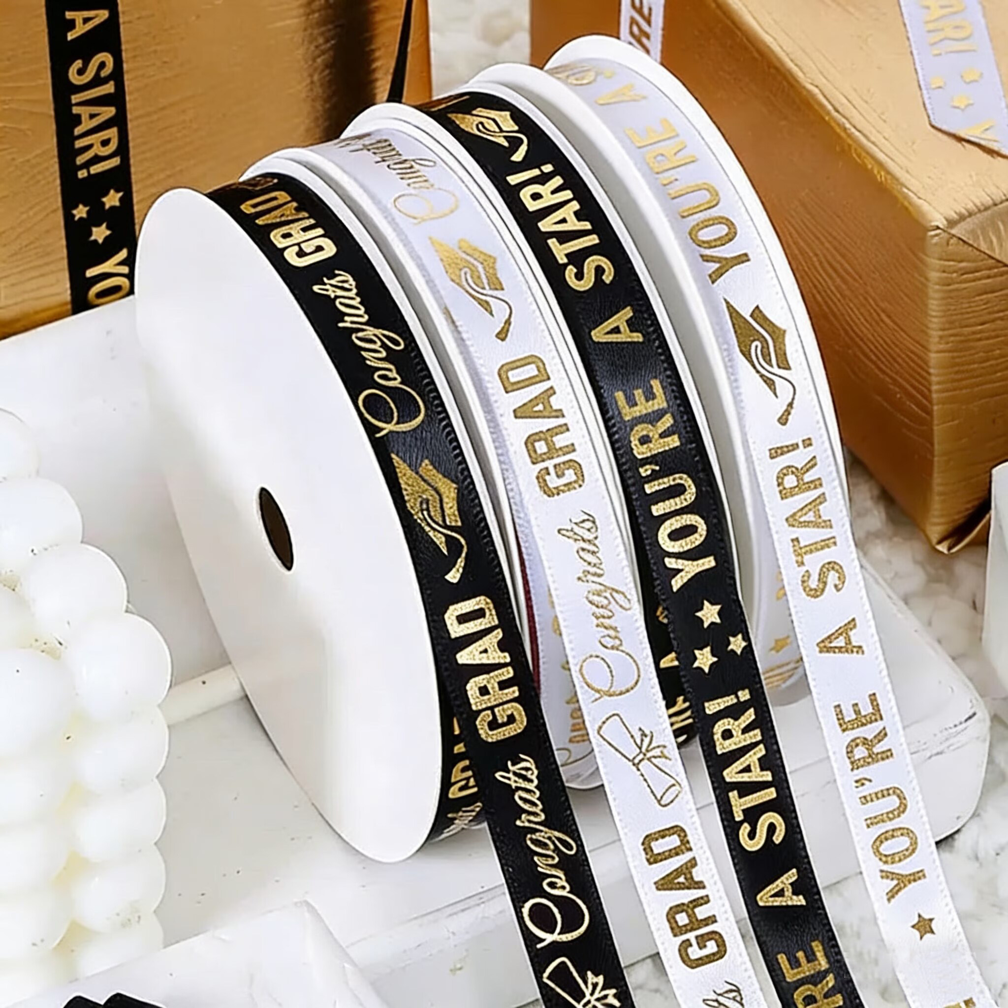 毕业季黑白烫金丝带返校开学花束包装装饰礼物蝴蝶结辅料证书扎带