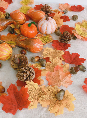 感恩万圣节秋色挂饰仿真枫叶松果南瓜道具派对thanksgiving藤条