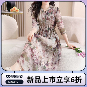 新品韩系印花修身连衣裙简约时尚复古系带收腰显瘦长裙