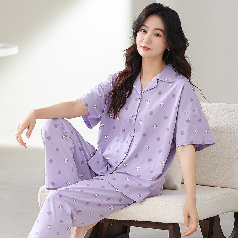 女士睡衣女款纯棉短袖长裤夏季薄款开衫新款妈妈加大码家居服套装