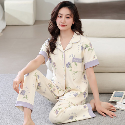 睡衣女夏款100%全棉甜美短袖长裤