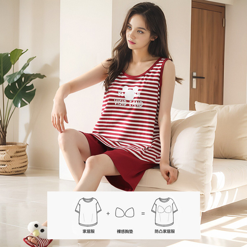 女士睡衣夏款纯棉带胸垫一体无袖背心短裤薄款夏天休闲条纹家居服