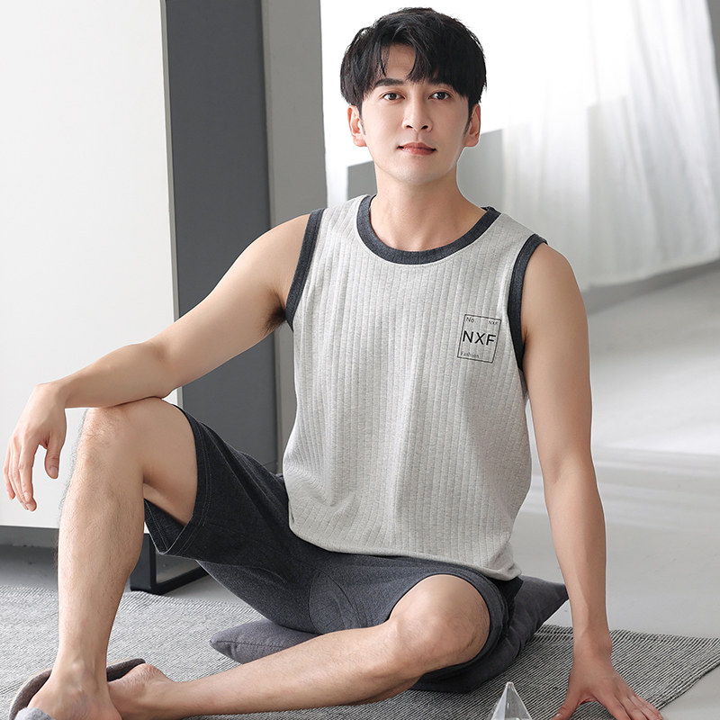 纯棉睡衣男夏季背心短裤薄款男款夏天可外穿加大码无袖家居服套装