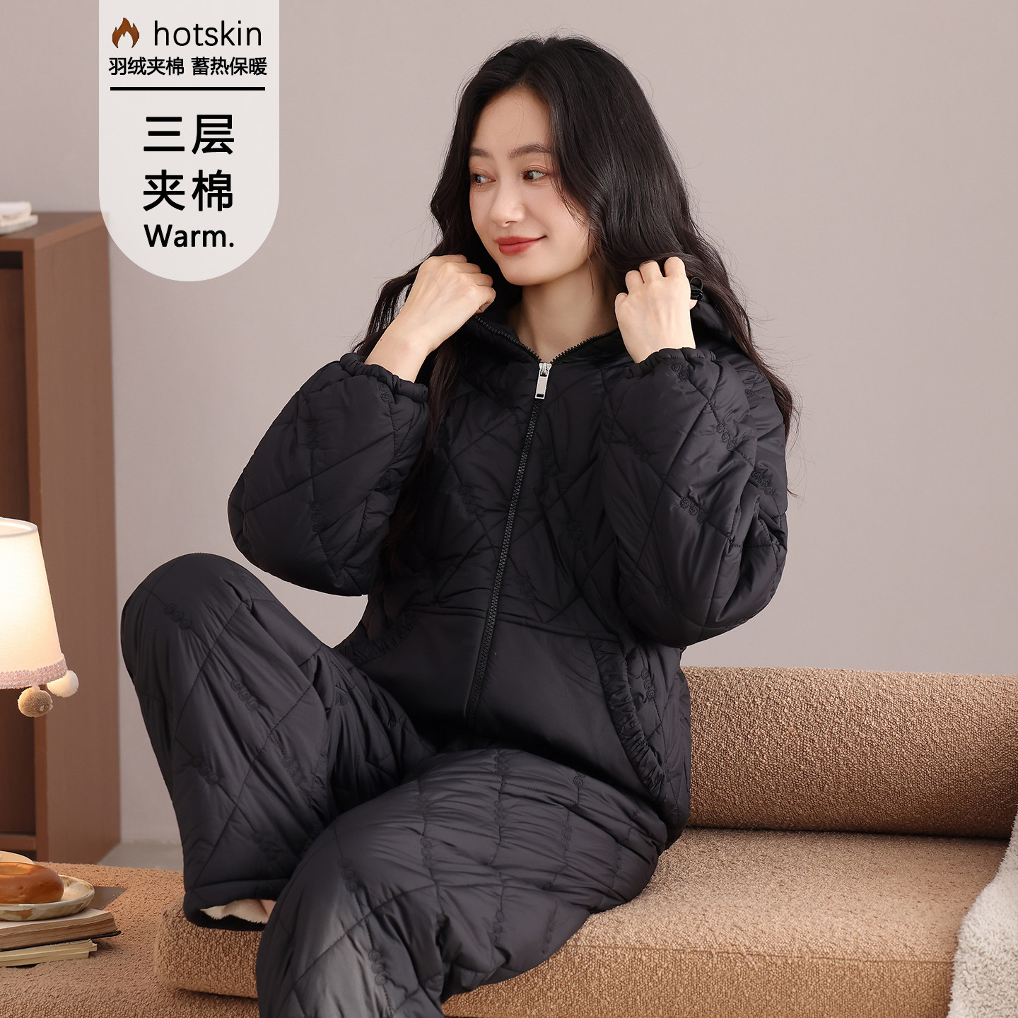 冬季拉链加绒女羽绒三层夹棉睡衣