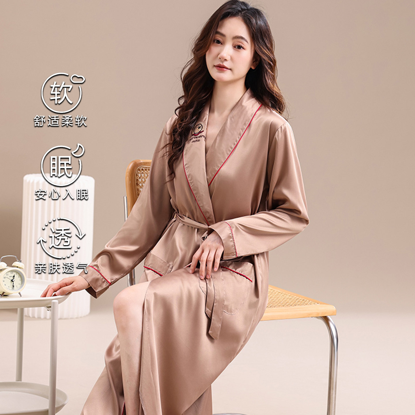 冰丝绸睡袍女春秋季中青年妈妈睡衣系带宽松舒适春夏款晨袍家居服