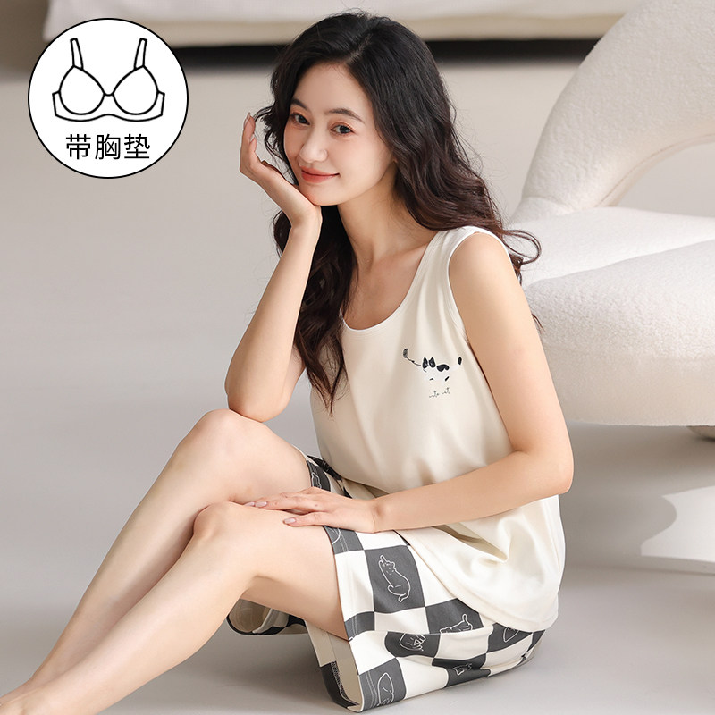 加大码睡衣女款带胸垫背心套装妈妈纯棉时尚夏季薄款可外穿家居服