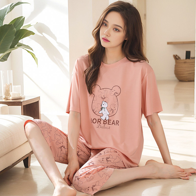 睡衣女款夏季纯棉简约套头短袖七分裤2026新款夏天薄款家居服套装