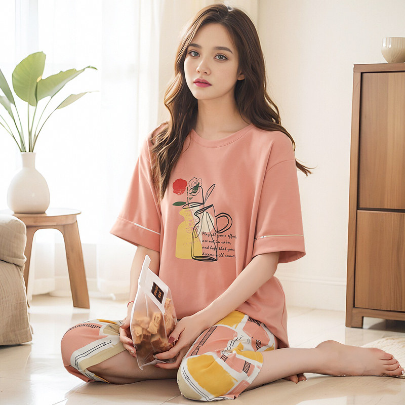 睡衣女款2026新款夏季薄款莫代尔圆领短袖七分裤家居服套装可外穿