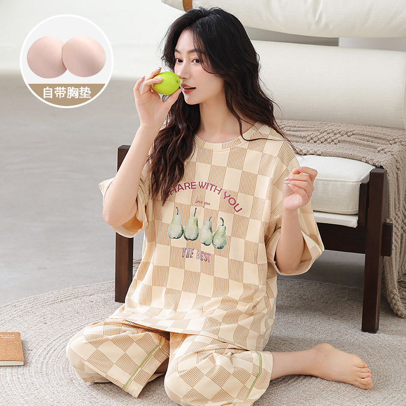 睡衣女款夏季带胸垫纯棉短袖七分裤中年妈妈全棉可外穿家居服套装