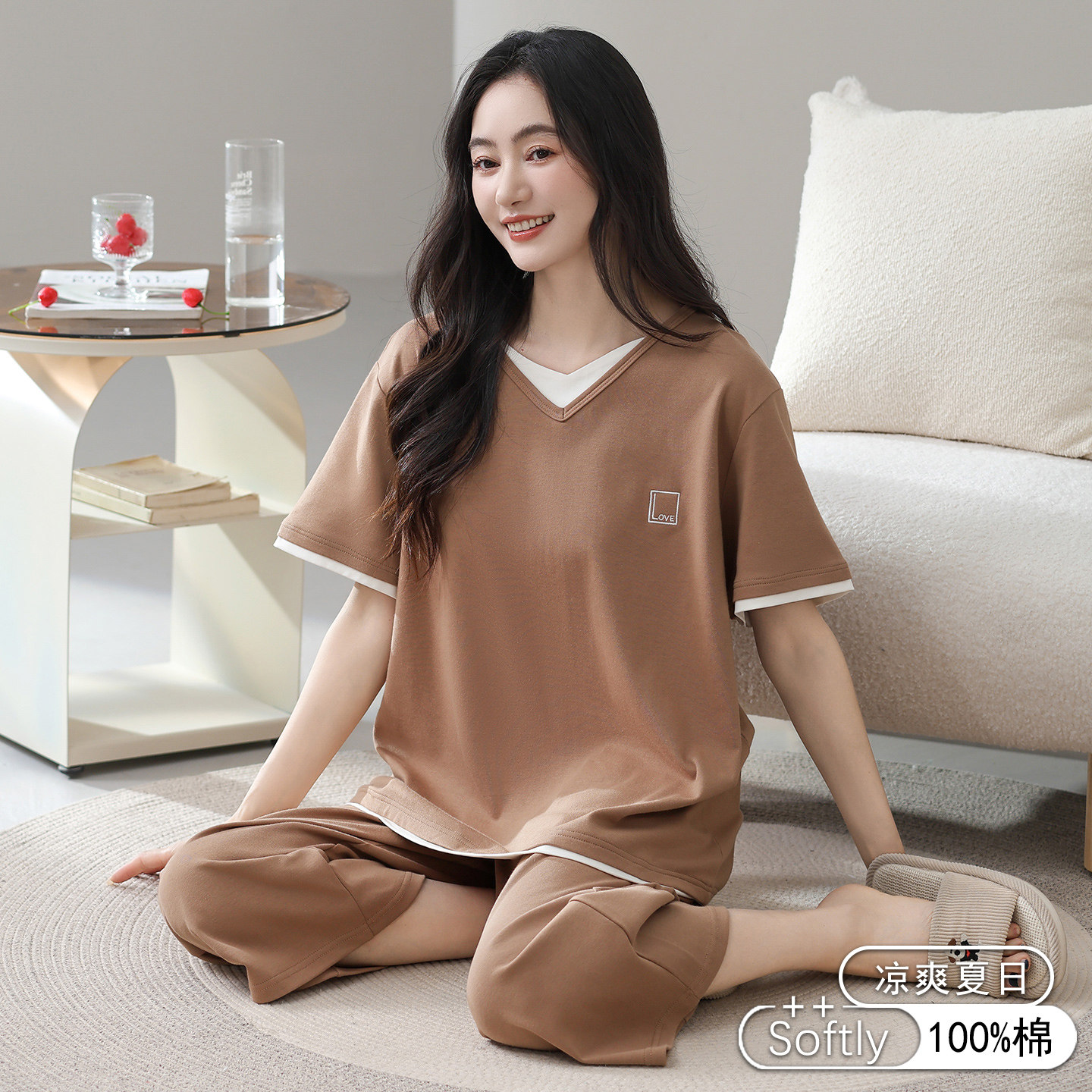 夏季女纯棉短袖七分裤睡衣套装