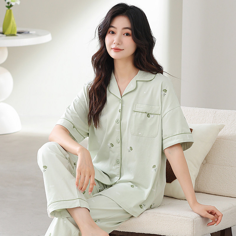 睡衣女款夏季薄款中年妈妈纯棉短袖长裤休闲高级家居服套装可外穿