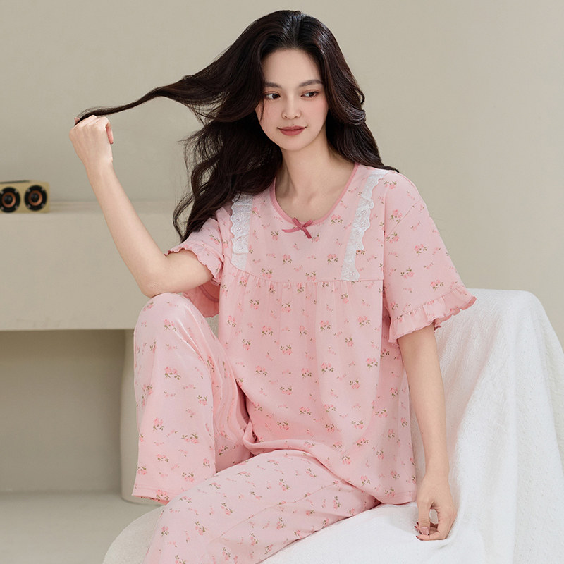 甜美碎花睡衣女款纯棉短袖长裤夏季中年妈妈全棉大码家居服套装薄