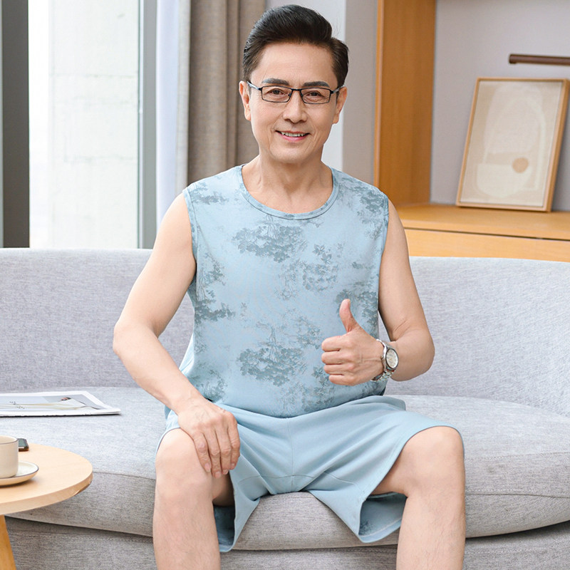 中老年睡衣男夏季薄款背心套装爸爸纯棉无袖短裤高级感大码家居服