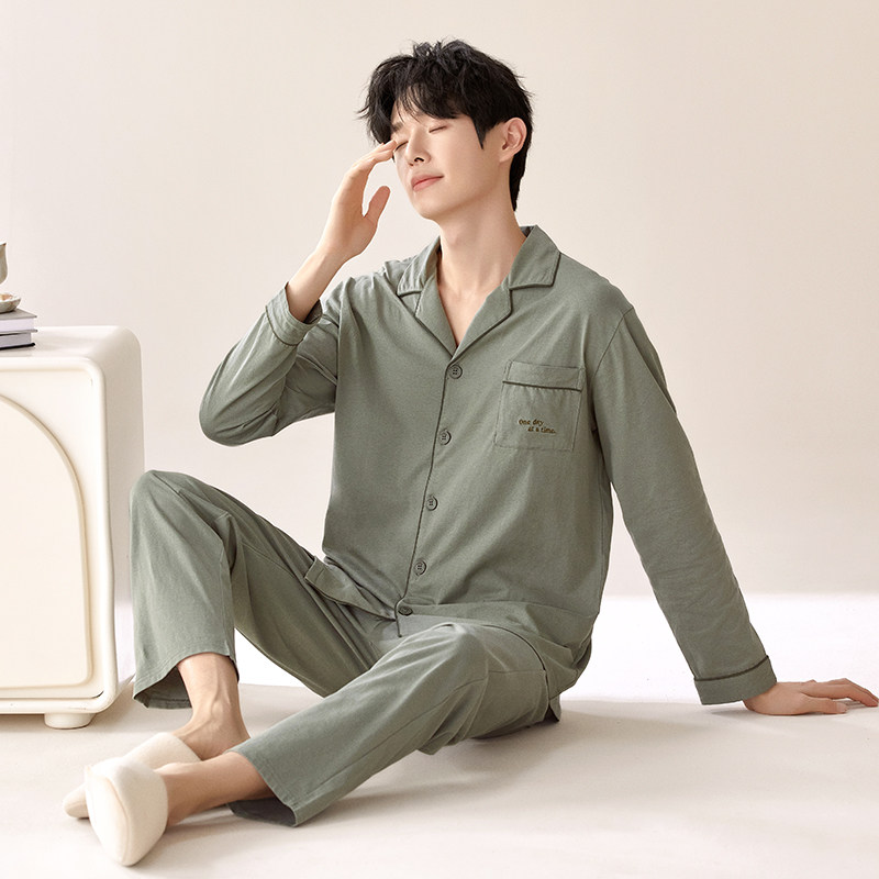 睡衣男款纯棉2026新款春季开衫100%纯棉长裤家居服套装男四季宽松