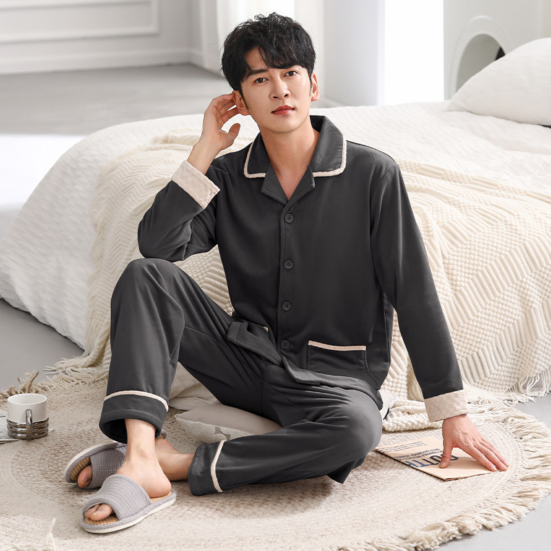 男士珊瑚绒睡衣秋冬加厚保暖翻领家居服套装可外穿简约爸爸中年