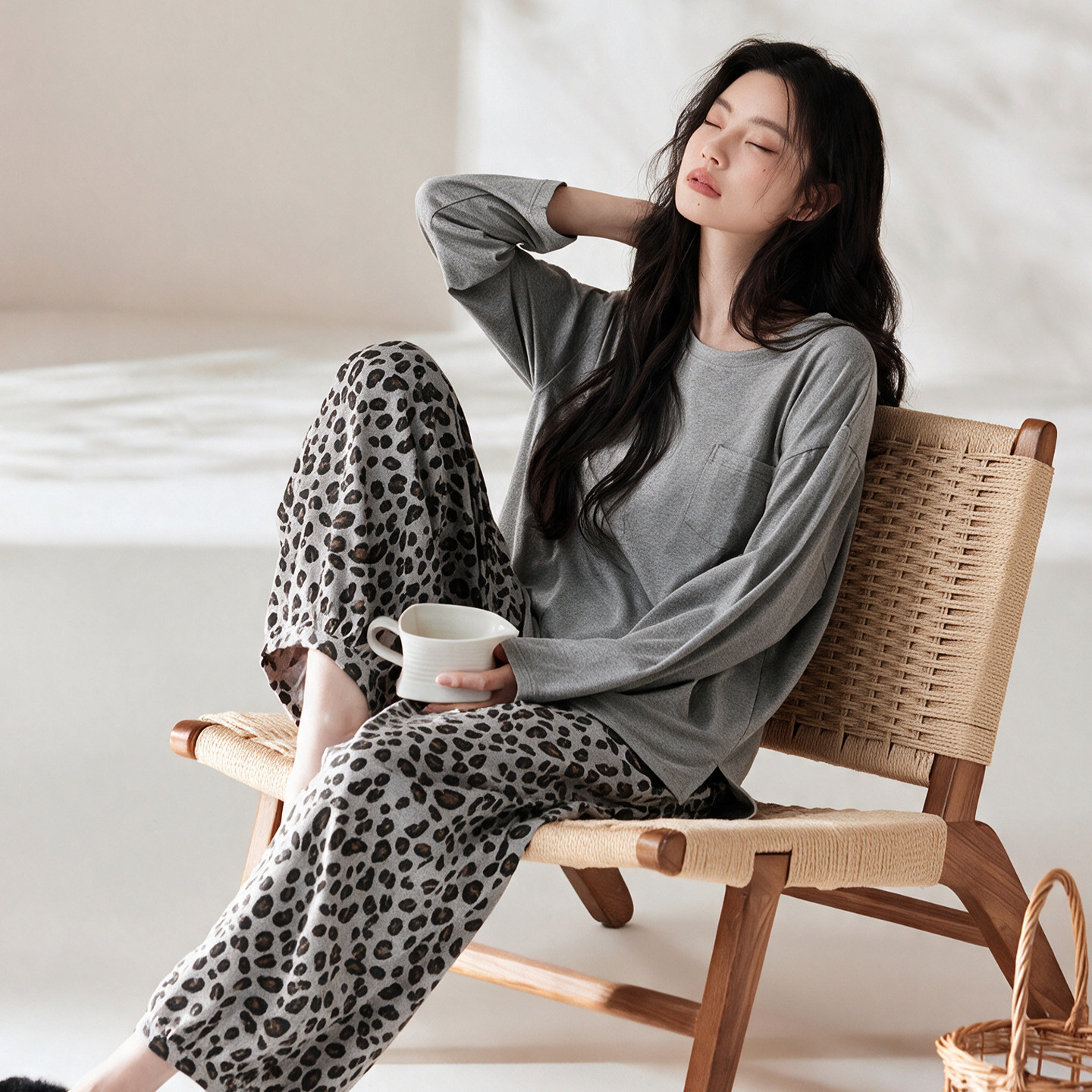 纯棉秋季女长袖豹纹睡衣套装