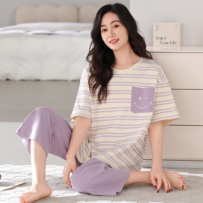 条纹圆领睡衣女纯棉短袖七分裤薄