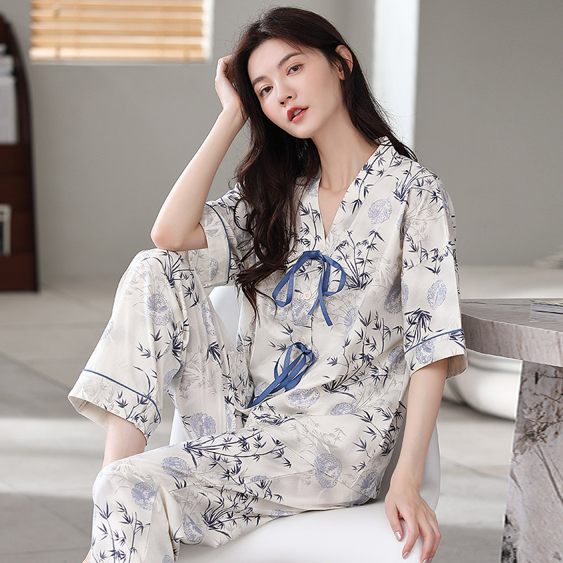 睡衣女款纯棉短袖长裤开衫大码夏季中年妈妈休闲高级感家居服套装