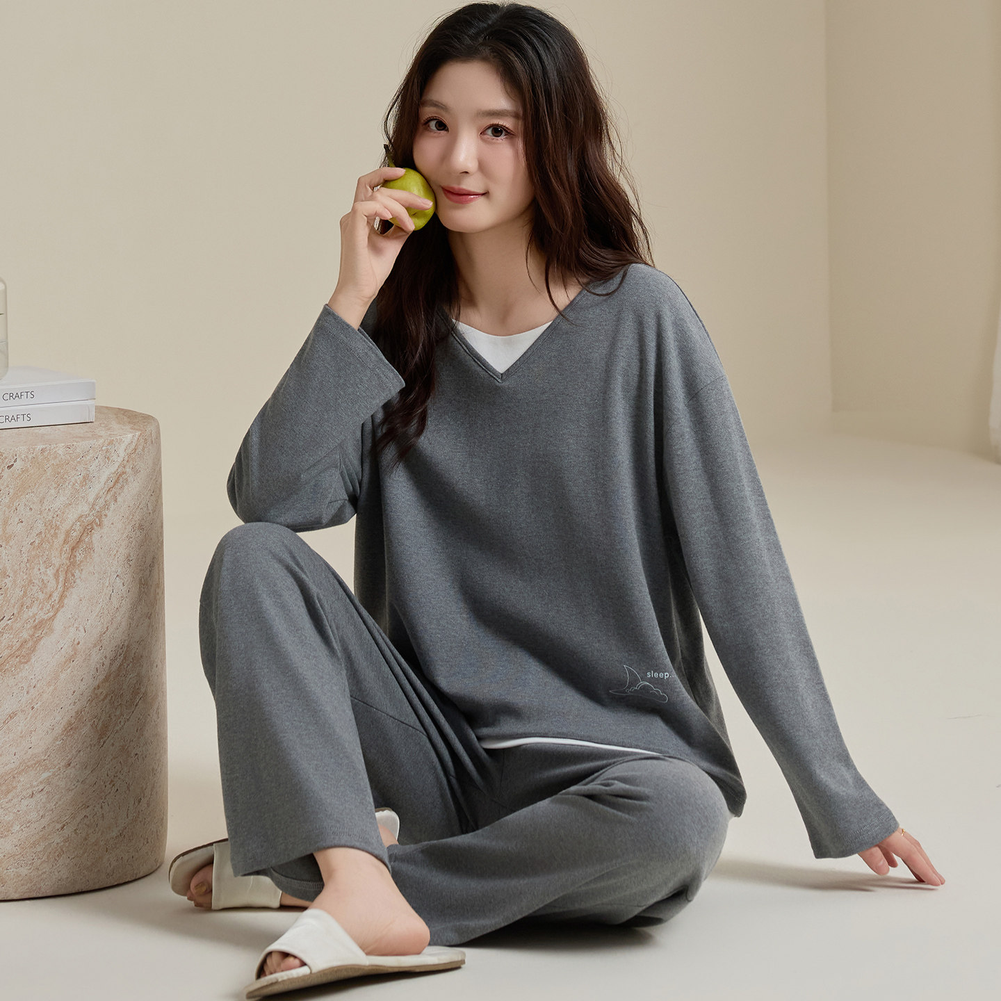 春秋季纯棉女长袖长裤睡衣套装